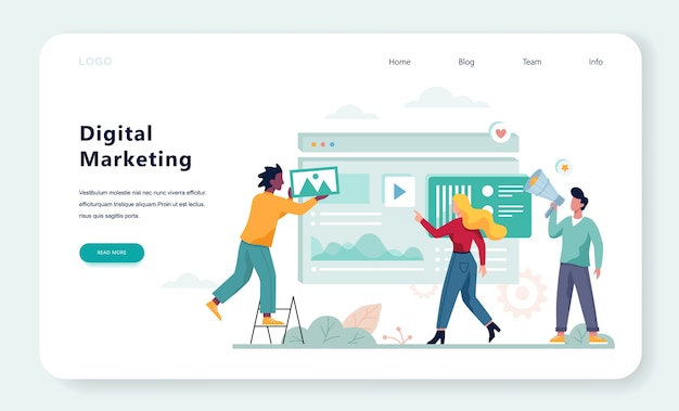 Banner ý tưởng tiếp thị kỹ thuật số. Mạng xã hội và truyền thông. SEO, SEM và quảng bá trực tuyến. Hình ảnh minh họa theo phong cách .