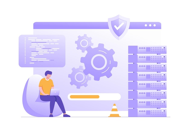 bảo trì cập nhật hệ thống tải cài đặt phần mềm công nghệ ứng dụng internet banner hình ảnh vector phẳng nền cho trang đích của trang web