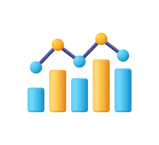 Bar chart with blue yellow columns and a line graph with data points 3d vector icon Cartoon minimal