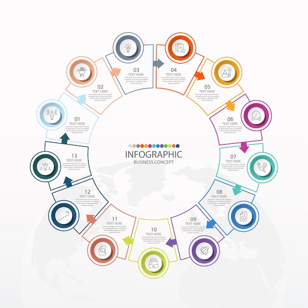 Basic circle infographic template with 13 steps, process or options