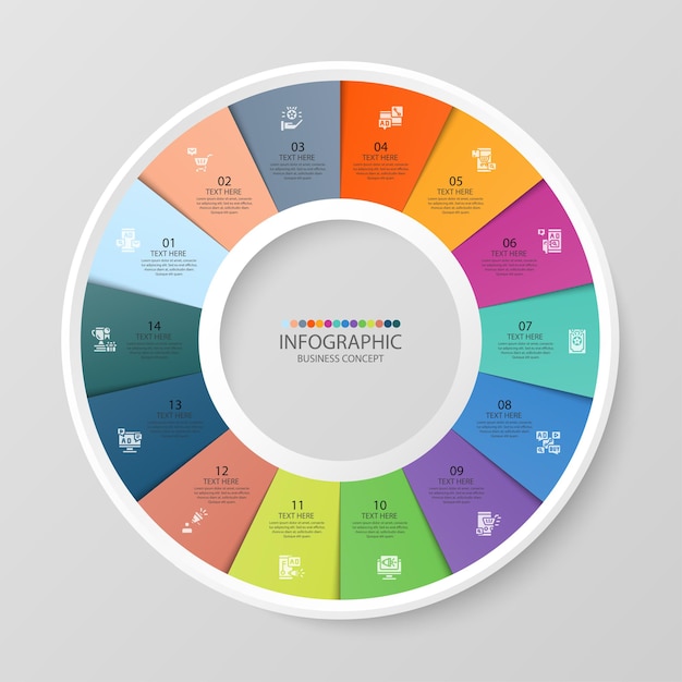 basic circle infographic template with 14 steps, process or options, process chart, used for process diagram, presentations, workflow layout, flow chart, infograph. vector eps10 illustration.