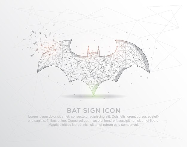 Bat sign icon abstract mash line and composition digitally drawn in the form of broken a part triangle shape and scattered dots