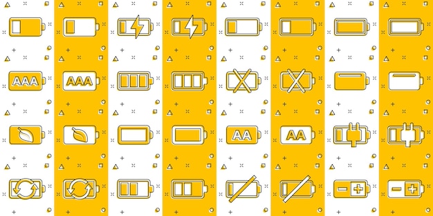 Battery charge icon set in comic style Power level cartoon vector illustration on white isolated background Lithium accumulator splash effect business concept