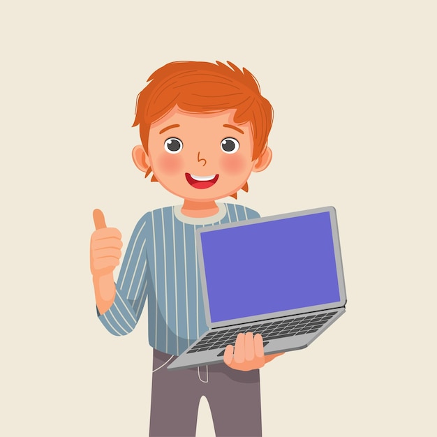 Bé trai học sinh vui vẻ cầm máy tính xách tay có màn hình trống giơ ngón tay cái lên