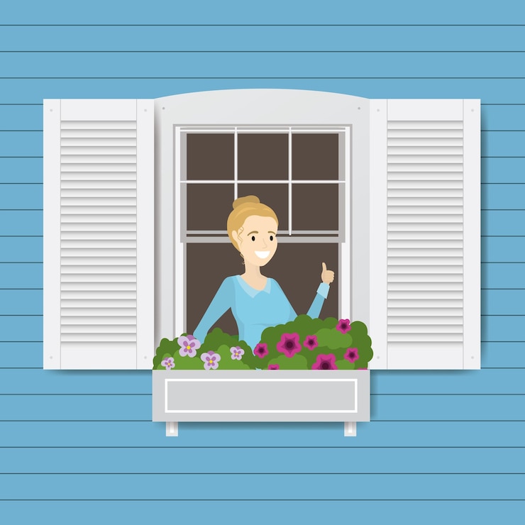 Vector beautiful caucasian woman looks out open window cartoon window with flowers female character vector