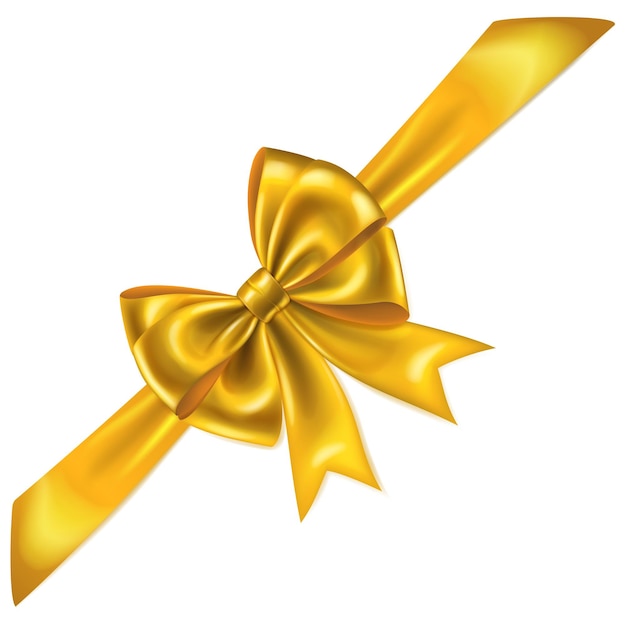 Beautiful large yellow shiny bow with diagonal ribbon and soft shadow on white background