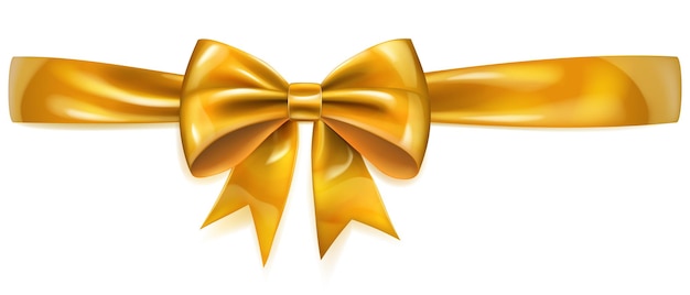 Beautiful large yellow shiny bow with horizontal ribbon and soft shadow on white background