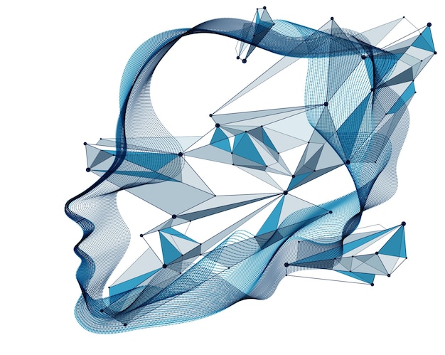 Beautiful vector human face portrait, artistic illustration of man head made of dotted particles array, Artificial Intelligence, pc programming software interface, digital soul.