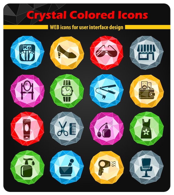 Beauty salon icons on colored buttons crystals