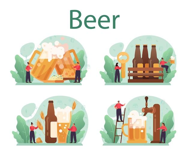 Beer concept set. Glass bottle and vintage mug with craft alcohol drink. Bar or pub menu.