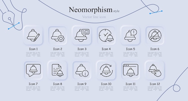 Bell line icon set Click reminder file notification message clock speed silent mode Neomorphism style Vector line icon for Business