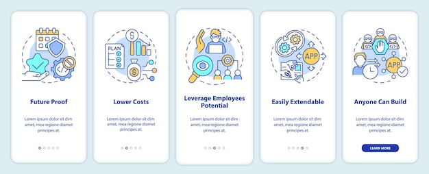 Benefits of no code onboarding mobile app screen. Web 3 0 walkthrough 5 steps graphic instructions pages with linear concepts. UI, UX, GUI template. Myriad Pro-Bold, Regular fonts used