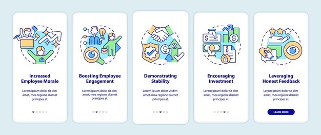 Benefits of transparency onboarding mobile app screen. Business walkthrough 5 steps graphic instructions pages with linear concepts. UI, UX, GUI template. Myriad Pro-Bold, Regular fonts used
