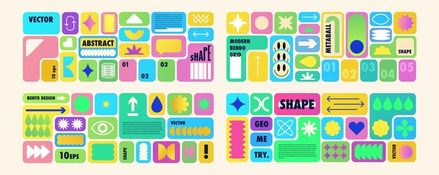 Bento grid abstract banner set gradient geometric modern frame Metaball y2k pattern template for ui website vector