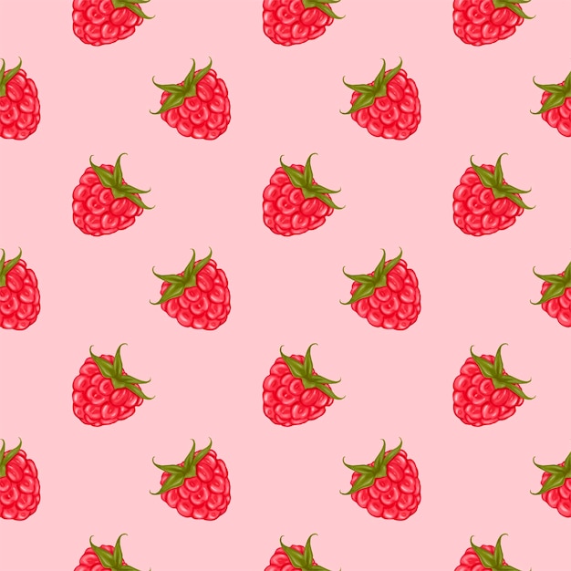 berry seamless pattern with raspberries on a soft pink background