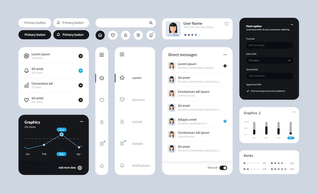 Big and improved ui kit for web designing mobile apps with the different buttons charts diagrams