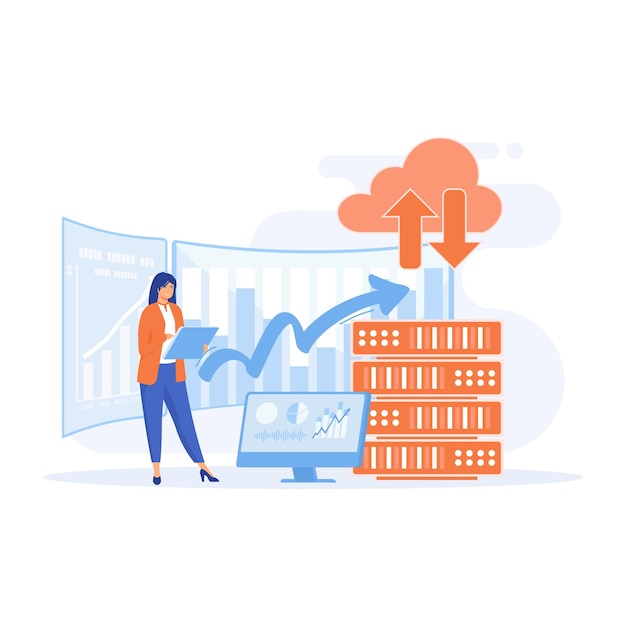 big data and cloud computing, business characters using remote servers to analyzing large sets of data and recognizing mistakes, flat vector modern illustration