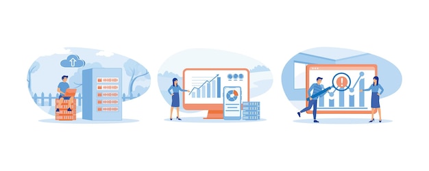 Big Data and Cloud Computing Businesswoman using remote servers to analyzing large sets of data Recognizing mistakes set flat vector modern illustration