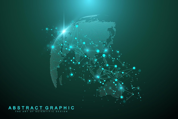 big data complex world globe. graphic abstract background communication. perspective backdrop of depth. virtual minimal array with compounds. digital data visualization. vector illustration big data.