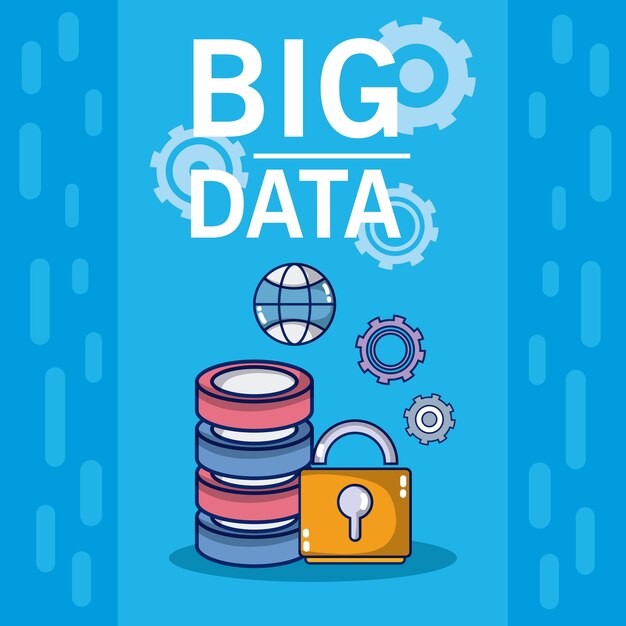 big data disks and padlcok with gears 