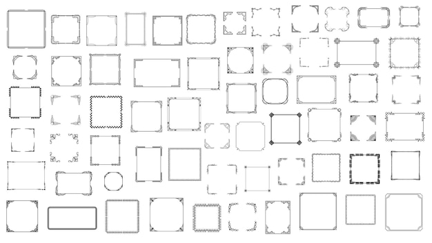 Big Set Black Simple Line Frame Collection Doodle Square Floral Frame Elements Vector Design Style