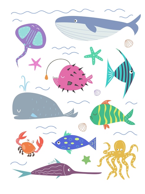 big set of sea animals lots of different fish sea life undersea world