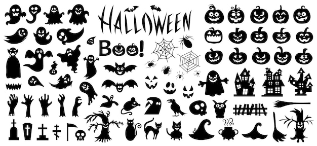 Big set of silhouettes of Halloween on a white background Vector illustration