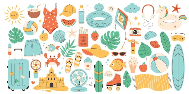 Big set of summer vacation stickers Summer sport leisure food clothes objects