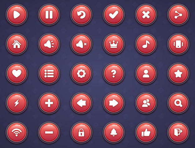 Big ui set of red buttons in cartoon style gui to build 2d games cartoon casual buttons kit