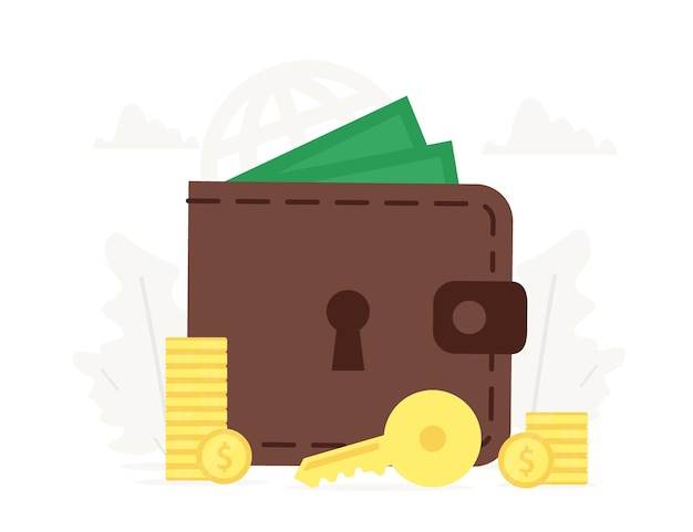 Big wallet with key and coins near it Investment saving money business illustration