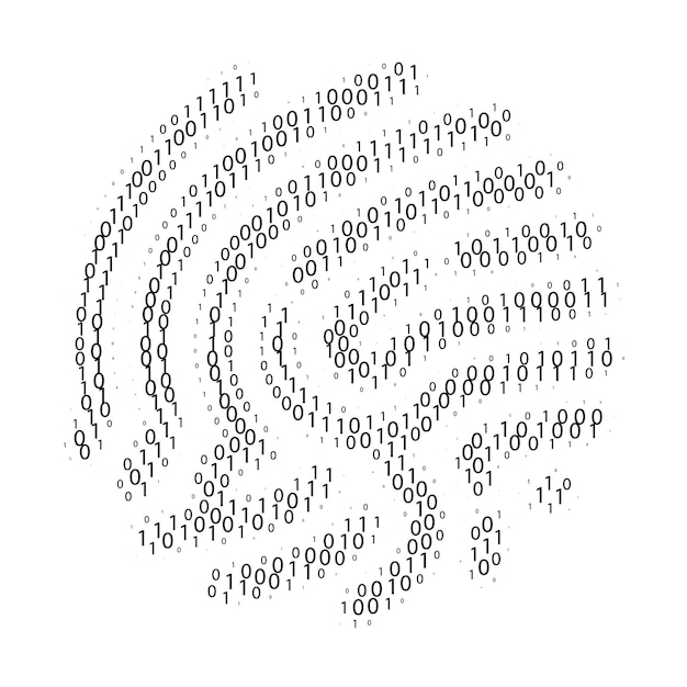 Binary code by fingerprint shape. Set of zero and one digits. Cyber security technology. Digital verification information. Black digits on white background. Vector illustration