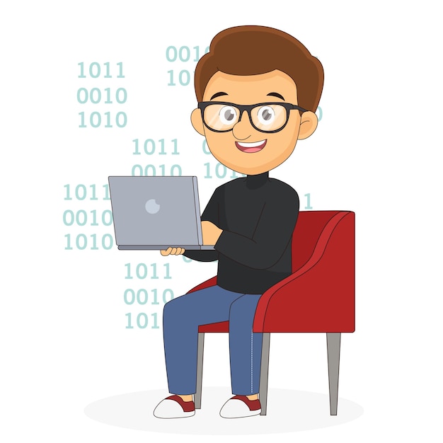 Binary Coding Happy Programmer Man with Laptop