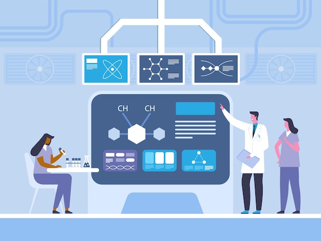 Biochemistry research flat vector illustration. Doctor, chemist with assistants  cartoon characters