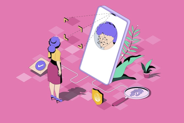 Biometric control web concept in 3d isometric design Woman uses secure access with face recognition and fingerprint scan authentication methods Vector web illustration with people isometry scene