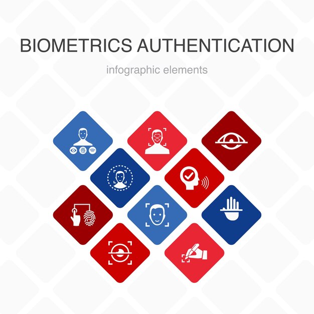 Biometrics authentication Infographic 10 option color design.facial recognition, face detection, fingerprint identification, palm recognition simple icons