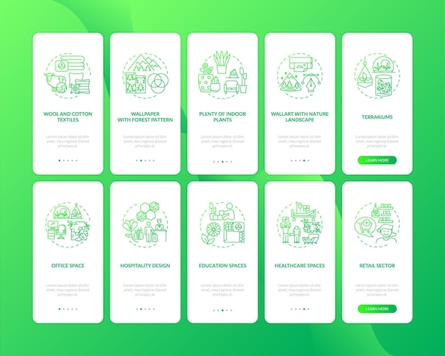 Biophilia green onboarding mobile app page screen with concepts