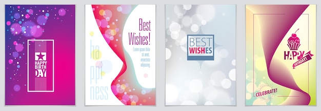 birthday joyful and bright vector greeting card. includes lettering composition and balloons combined with wavy fluid colorful shape abstract backgrounds collection. a4 format with cmyk colors accepta