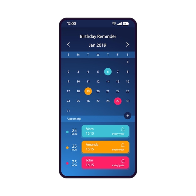Birthday reminder smartphone interface vector template