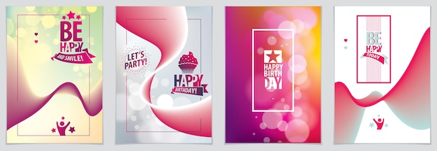birthday vector design for greeting card. includes lettering composition and balloons combined with wavy fluid colorful shape abstract backgrounds collection. a4 format with cmyk colors acceptable for