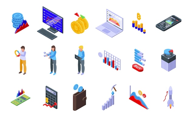 Bitcoin chart icons set. Isometric set of bitcoin chart vector icons for web design isolated on white background
