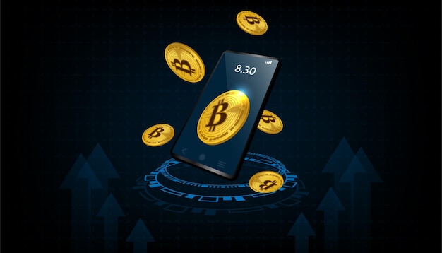 bitcoin cryptocurrency with coins come out from smartphone vector illustration