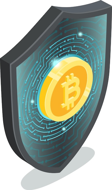 Bitcoin digital currency symbol on shield with electronic circuit representing secure cryptocurrency investment and protection against online threats
