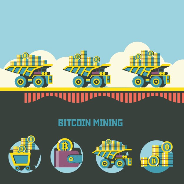 bitcoin mining. cryptocurrency. vector concept. dump truck carries bitcoins. set of vector emblems. trolley with bitcoins, wallet with bitcoins, stack of coins.