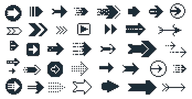 Black 8 bit arrows Retro square navigation pointer icons 90s retro pixel cursor direction symbols retro 8 bit vector collection