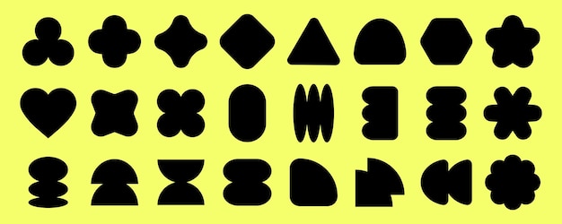 Black abstract shapes on a yellow background Various geometric forms abstract shapes and unique patterns create a striking contrast on yellow Element vector collection