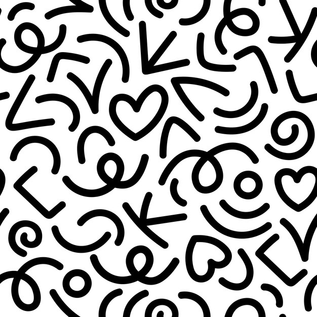 Black and white 90s decorative doodle squiggle seamless pattern