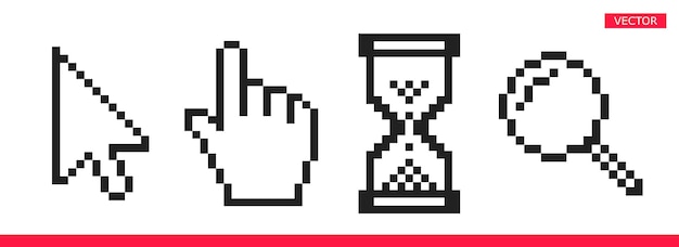 black and white arrow hand magnifier and hourglass pixel mouse cursor icons vector illustration