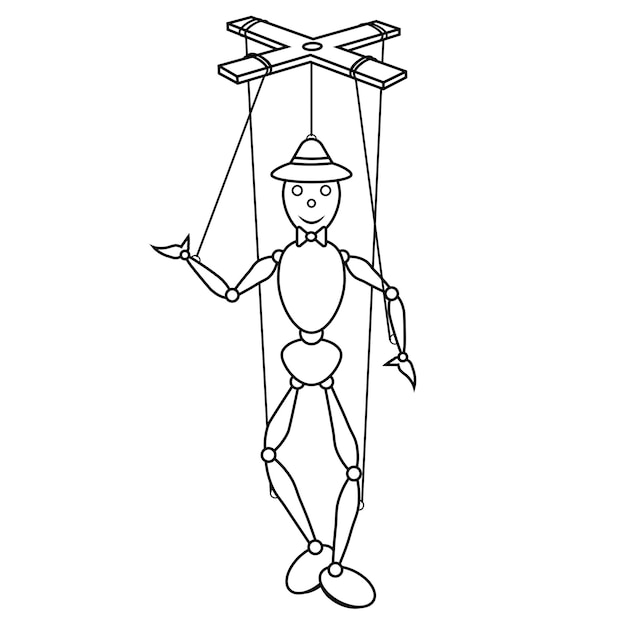 Black and White Cartoon Wooden Puppet Vector Flat Design Ideal for Coloring Pages