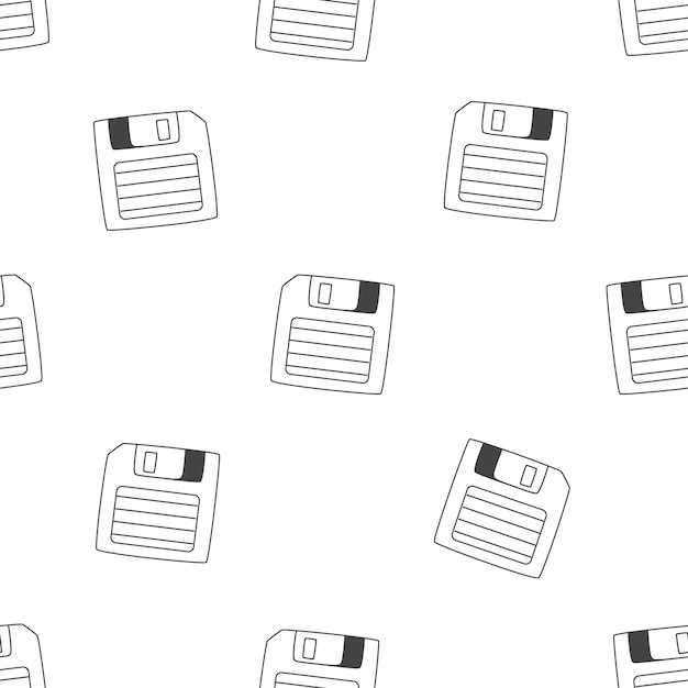 Black and white pattern in the style of the 90s floppy disk Vector background in doodle style