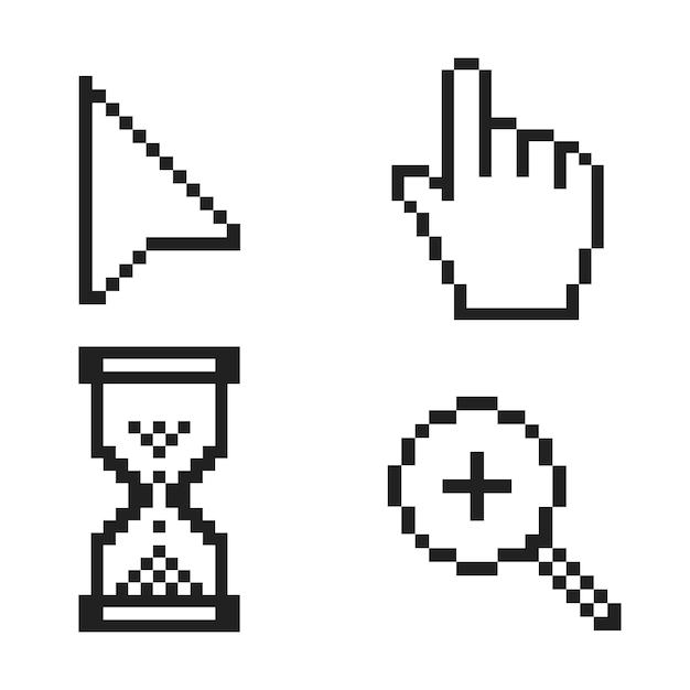black and white pixel arrow hand magnifier and hourglass pixel mouse cursor icons vector